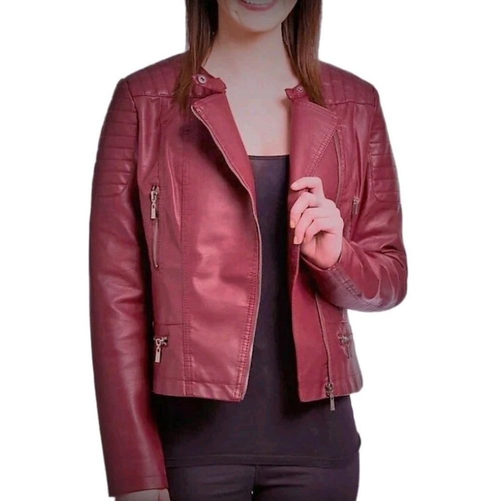 Olivia Miller NWT Womens Burgundy Faux‎ Leather Moto Jacket Fits Large